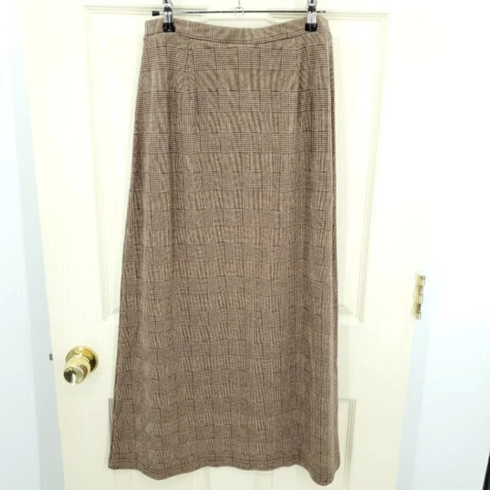 Liz Claiborne/Crazyhorse Glen Plaid Pull On Ponte Midi Skirt M Tan/Brown